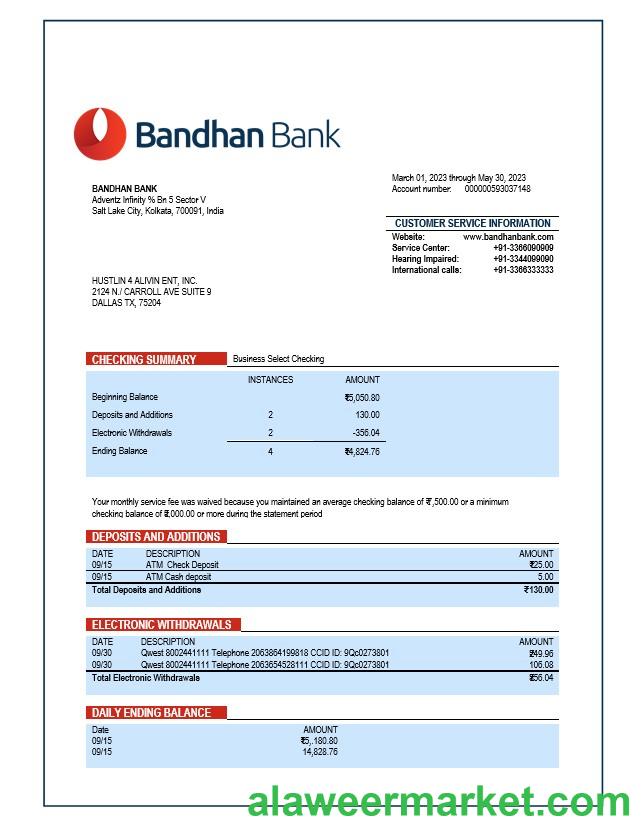 Bandhan Bank organization account statement Word and PDF template
